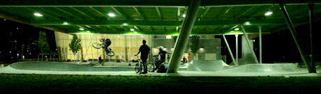 Green metal canopy above Chuck Bailey skatepark